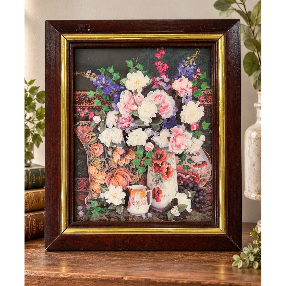 Vintage Floral Still Life Art Print Wood Gold Frame Cottagecore Boho Sz 12x10